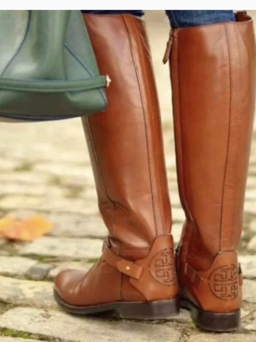Tory Burch Colton Riding Boots Leather Tall Boot Embossed Logo Zip Up Brown 7.5